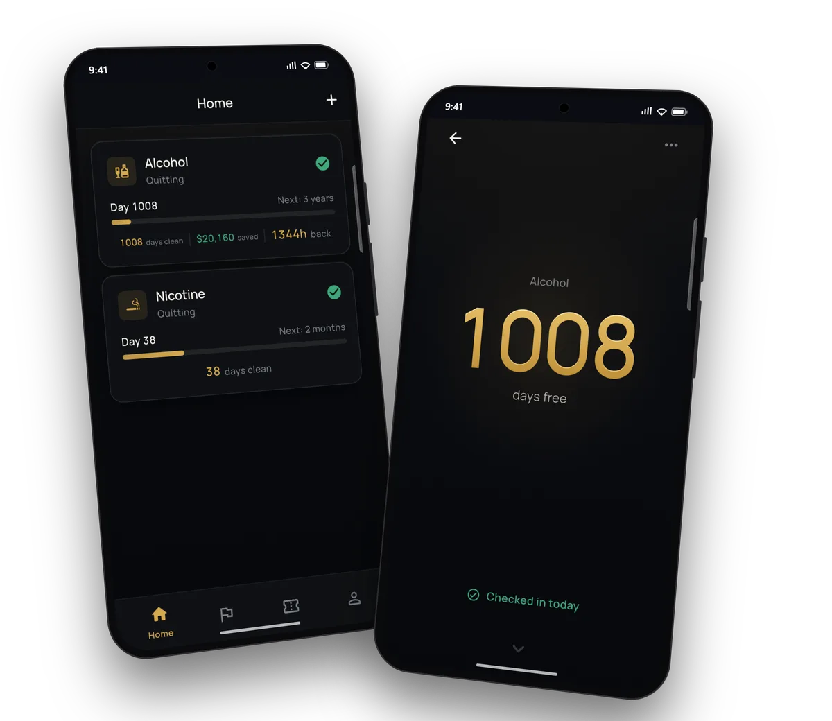 Addix app screens showing a sobriety streak of 1008 days
